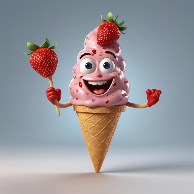 a smiling ice cream cone with a smiling face and strawberries on it AI Generated