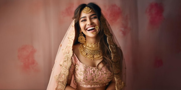 Smiling Indian Bridal Wearing Lahenga and Jewellery Indian Bridal