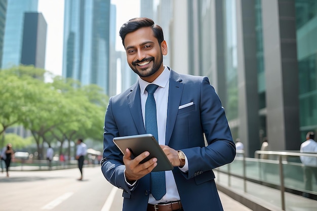 Photo smiling indian business man professional executive manager holding digital tablet online fintech outside happy eastern businessman ceo using pad standing outdoors in big urban city street vertical