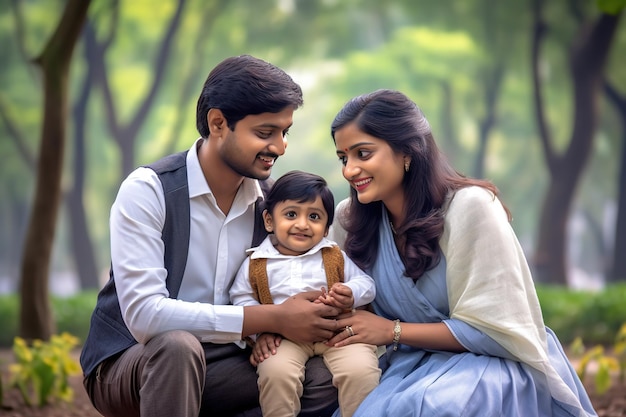 a smiling indian family holding their young son in a park