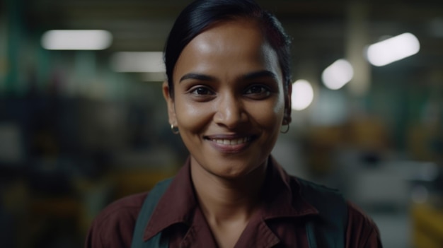 A smiling Indian female electronic factory worker standing in factory