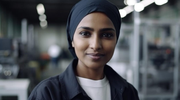 A smiling Indian female electronic factory worker standing in factory