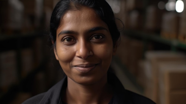 A smiling Indian female factory worker standing in warehouse