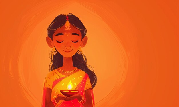 Smiling Indian Girl with Festive Diya Illustration