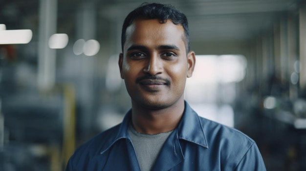 A smiling Indian male electronic factory worker standing in factory