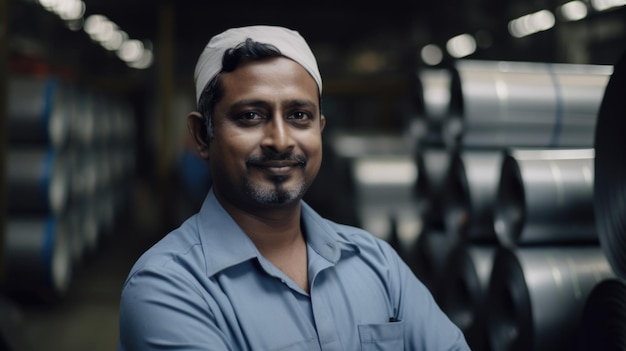 A smiling Indian male factory worker standing in metal sheet factory