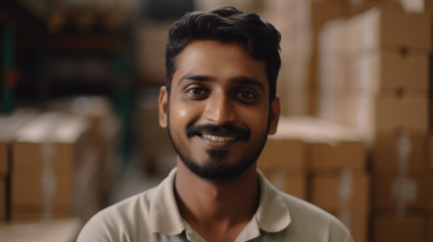 A smiling Indian male factory worker standing in warehouse