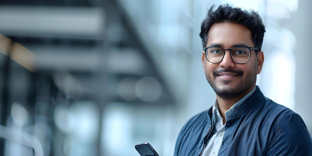 Smiling Indian Programmer Businessman in Glasses with Phone Concept Technology Business Indian Culture Lifestyle Smiling