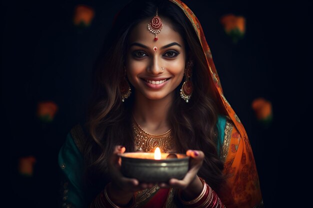 Photo smiling indian woman holding a diwali diya glowing with festive joy