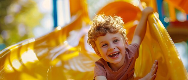 Photo smiling innocent boy playing on a slide