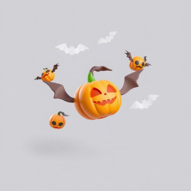 Photo smiling jackolantern with bat wings flying in the air with other pumpkins and bats