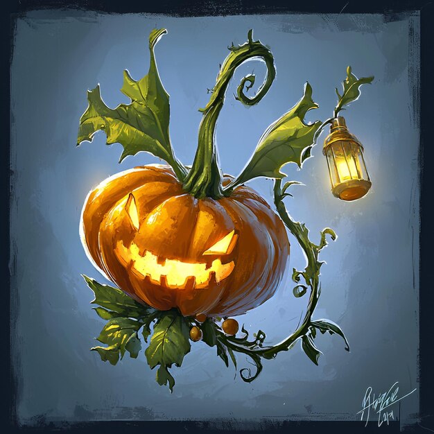 Photo smiling jackolantern with lantern on vine