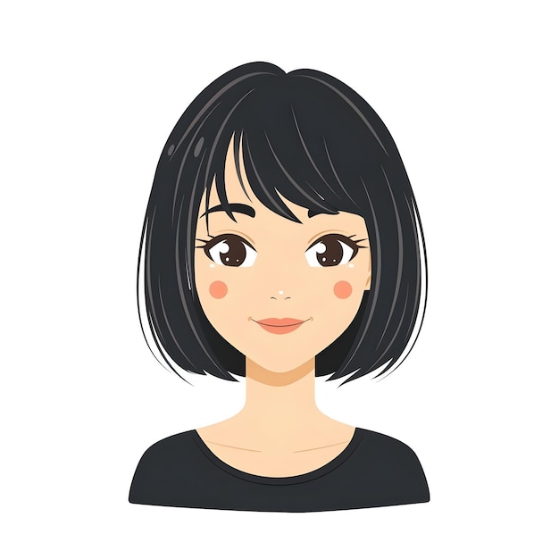 Smiling Japanese lady with bob hairstyle in flat on white background