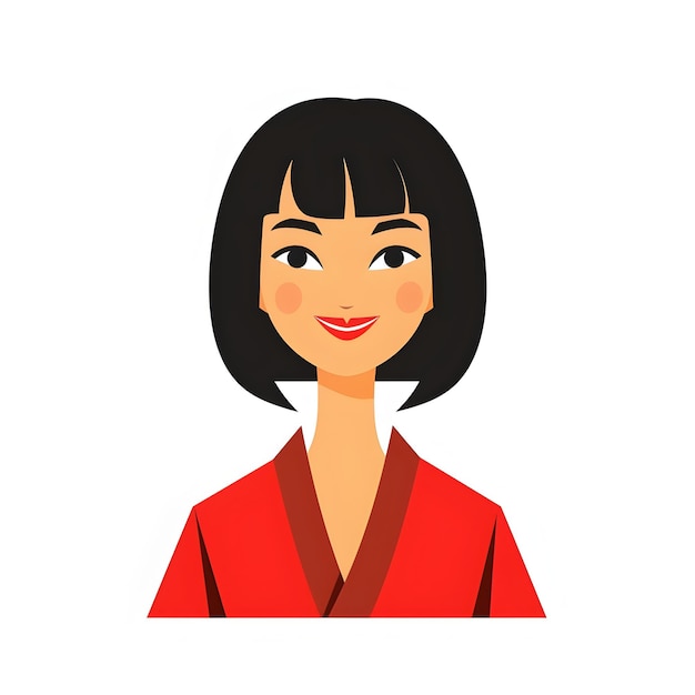 Smiling Japanese Woman with Bob Haircut in Kimono on White Background