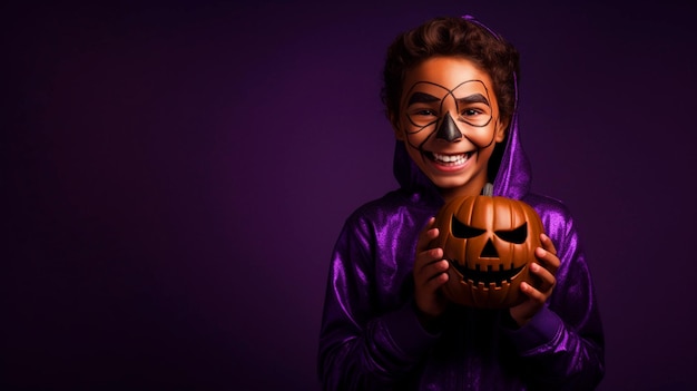 Smiling kid dressed for Halloween standing in front of isolated purple background