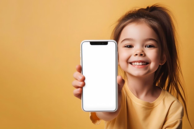 smiling Kid girl show a smartphone with white screen mockup on solid color background ai generative