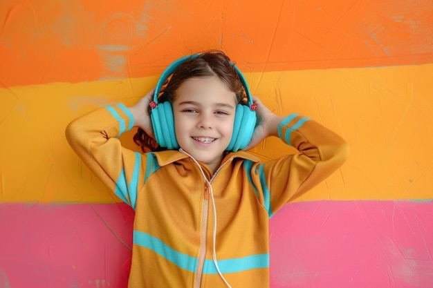 Smiling kid listening to headphones on vibrant abstract background