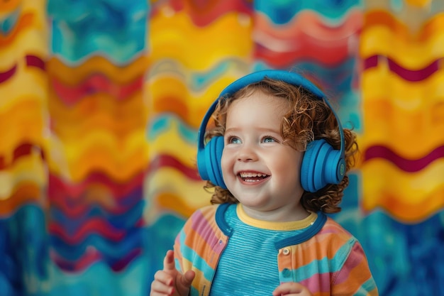 Smiling kid listening to headphones on vibrant abstract background