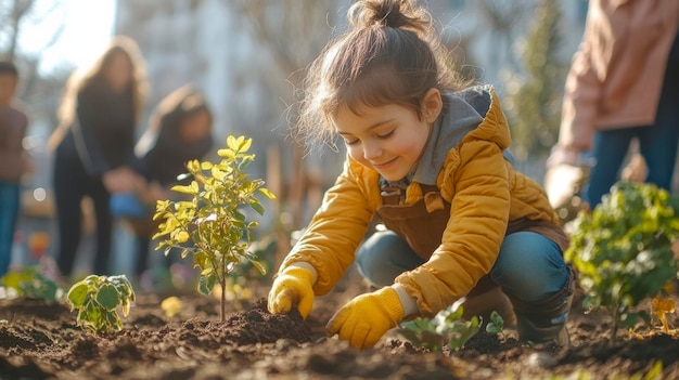 Photo smiling kid planting tree sapling in community garden