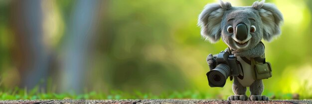 Photo smiling koala holding camera in nature