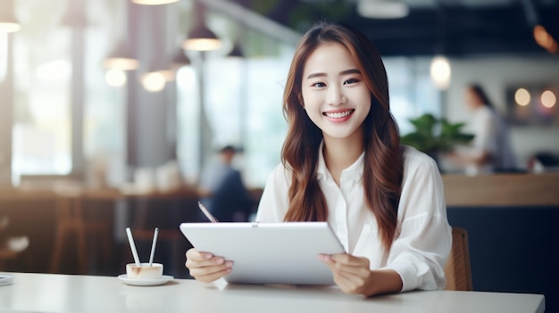 Smiling korean woman sitting with tablet and pen drawing and scatching her new project or design