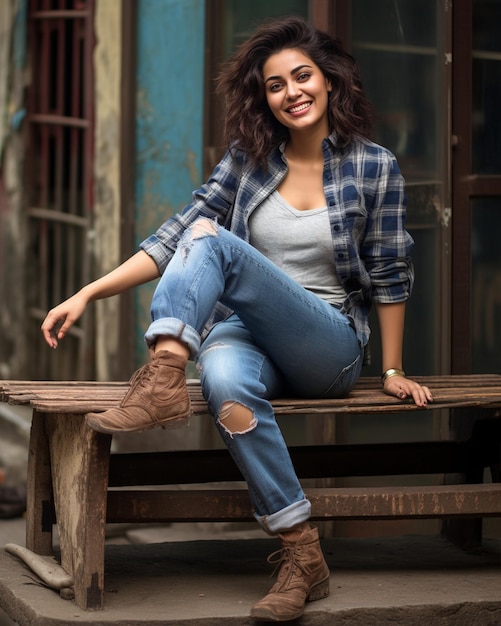 Smiling Lady Ripped Jeans Sitting