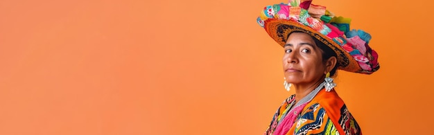 Photo smiling latin american woman in traditional colorful clothing on solid color background