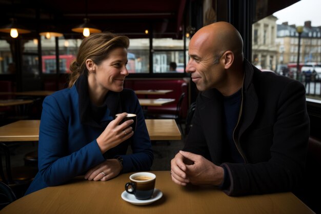 Photo smiling laughing diversity couple in love girl guy wife husband having date cafe restaurant friendly