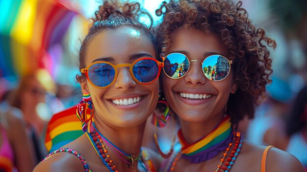 Smiling LGBTQ Friends at a Lively Pride Parade with Colorful Rainbow Decorations and Reflective Sunglasses