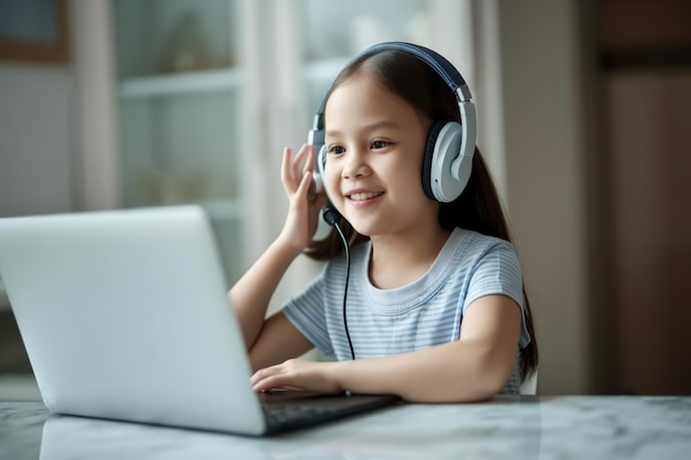 Smiling little asian girl in headphones have video call Generative AI illustration