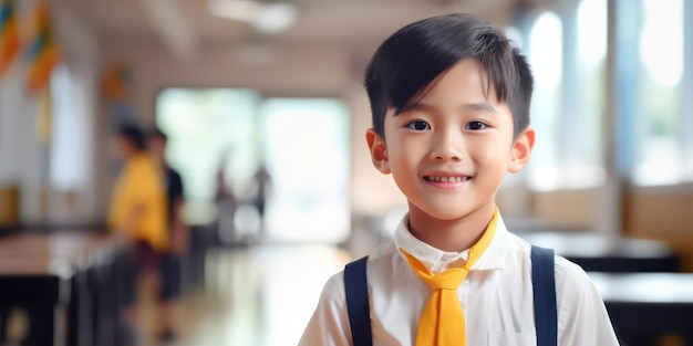 A smiling little Asian schoolboy in uniform