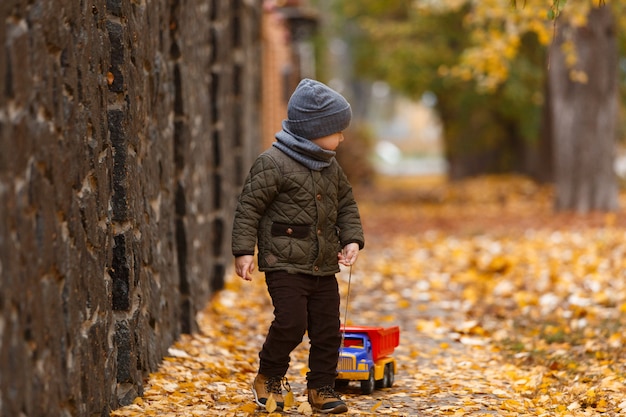 smiling  little boy walking and playing  with the toy car outdoors in autumn . happy childhood concept. funny child portrait