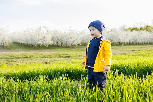 A smiling little boy in a yellow jacket runs through a blooming garden Happy childhood