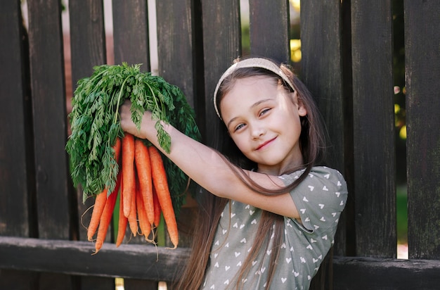 Smiling little girl in a garden holds a bunch of fresh carrots