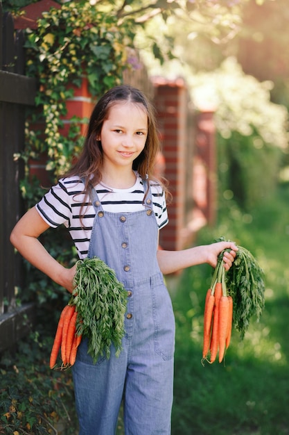 Smiling little girl in a garden holds a two bunches of fresh carrots Vertical