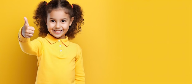 Smiling little girl giving a thumbs up indicating a blank space for advertising Studio photo on yellow backdrop