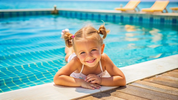 Smiling Little Girl in White Swimsuit by Pool Edge Vacation Travel Concept