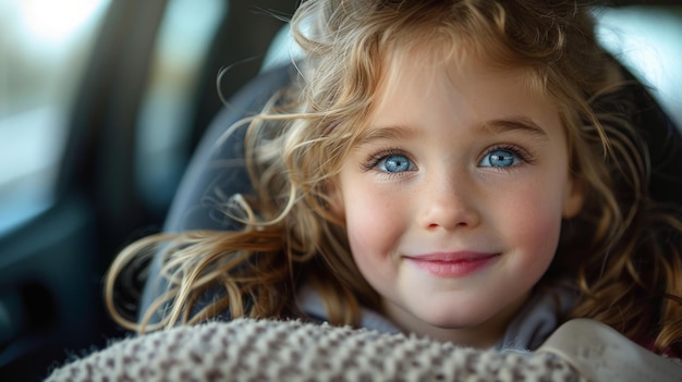 Smiling Little Girl With Blue Eyes in Car Seat