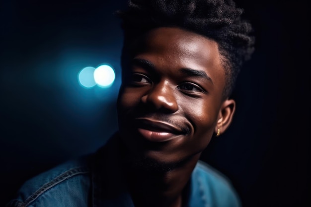 Smiling looking at side african young man s portrait on dark studio background in neon light beautiful male model in casual style concept of human emotions facial expression youth sales ad