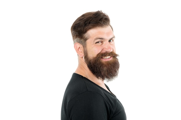 Smiling macho. Barber shop concept. Man bearded hipster with mustache. Beard mustache grooming guide. Hipster handsome bearded guy white background. Growing and maintaining moustache. Grow mustache.