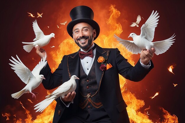 Photo smiling magician with doves and fiery spectacle smiling magician tipping hat with doves on wand fiery backdrop