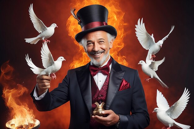 Photo smiling magician with doves and fiery spectacle smiling magician tipping hat with doves on wand fiery backdrop