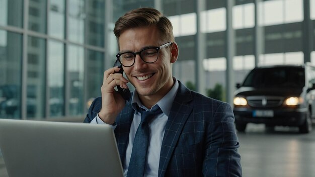 Smiling Male Analyst Working on Laptop and Talking on Phone in Car on Way to Airport