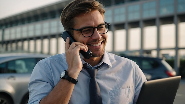 Smiling Male Analyst Working on Laptop and Talking on Phone in Car on Way to Airport