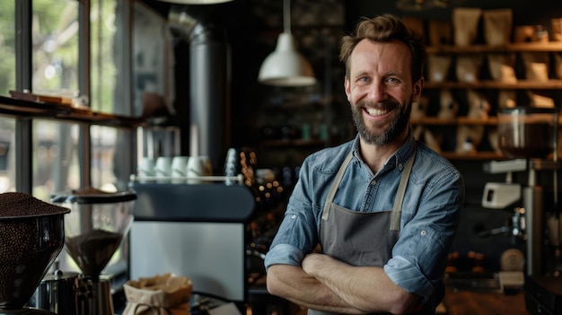 Photo the smiling male barista owner