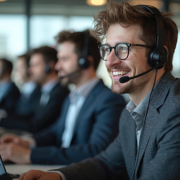 Photo smiling male customer support representative wearing headset in office