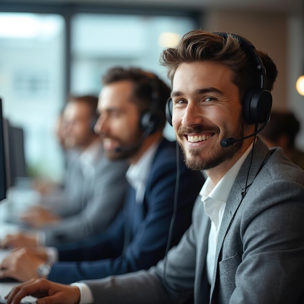 Photo smiling male customer support representative wearing headset in office