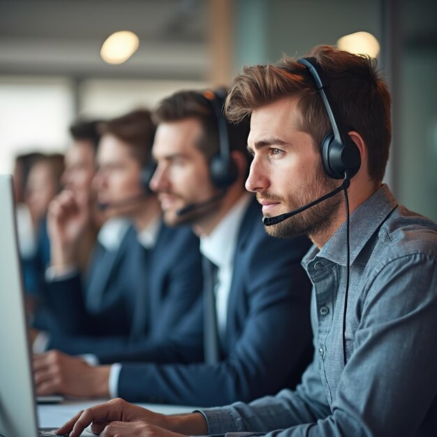 Photo smiling male customer support representative wearing headset in office