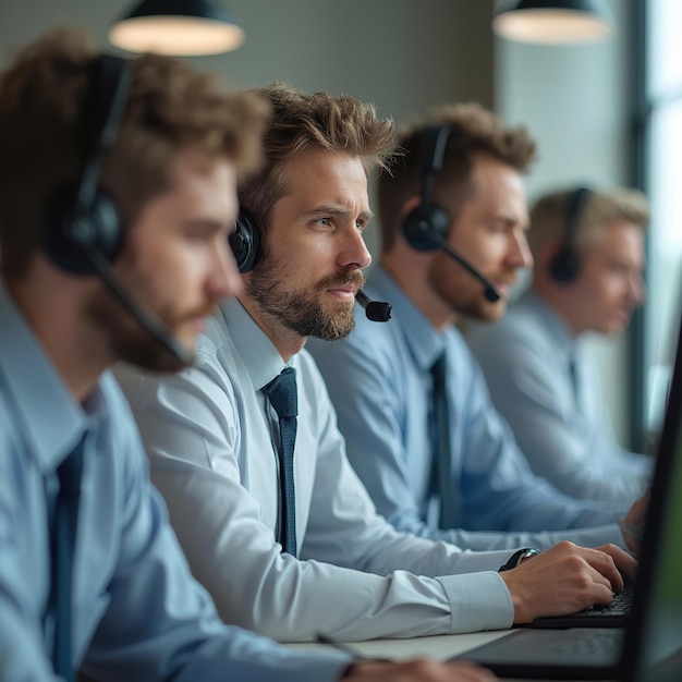 Photo smiling male customer support representative wearing headset in office