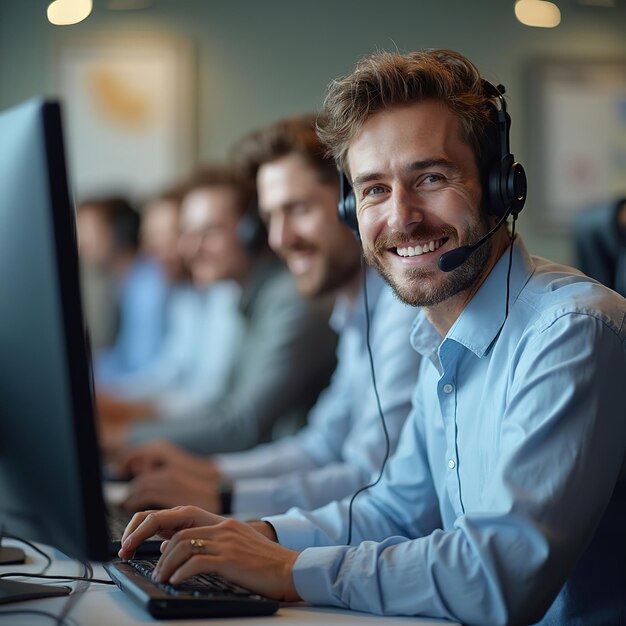 Photo smiling male customer support representative wearing headset in office